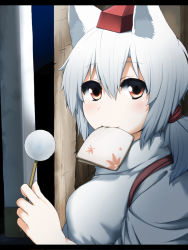 Rule 34 | 1girl, :3, alternate hairstyle, animal ears, blush, breasts, close-up, door, hat, highres, holding, inubashiri momiji, looking at viewer, mouth hold, nejime, ponytail, red eyes, silver hair, smile, solo, tokin hat, touhou, wolf ears, wood