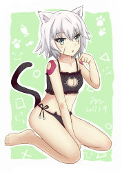 Rule 34 | 1girl, :o, absurdres, animal ears, bare arms, bare legs, bare shoulders, barefoot, between legs, black bra, black panties, blush, bra, breasts, cat cutout, cat ear panties, cat ears, cat girl, cat lingerie, cat tail, cleavage, cleavage cutout, clothing cutout, collarbone, commentary request, dated, facial scar, fang, fate/grand order, fate (series), feiyyx, frilled bra, frills, green background, grey eyes, hair between eyes, hand between legs, highres, jack the ripper (fate/apocrypha), kemonomimi mode, lingerie, looking at viewer, meme attire, navel, outline, panties, parted lips, paw pose, scar, scar across eye, scar on cheek, scar on face, short hair, shoulder tattoo, side-tie panties, signature, silver hair, sitting, small breasts, solo, tail, tattoo, underwear, underwear only, wariza, white outline