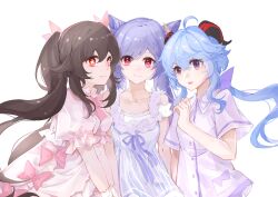 Rule 34 | 3girls, absurdres, alternate costume, black hair, blue hair, bow, chinese commentary, collarbone, commentary request, cone hair bun, dress, ganyu (genshin impact), genshin impact, hair bun, hair ribbon, highres, hu tao (genshin impact), keqing (genshin impact), long hair, looking at viewer, multiple girls, pink bow, pink dress, pink ribbon, puffy short sleeves, puffy sleeves, purple eyes, purple hair, purple shirt, red eyes, ribbon, shirt, short sleeves, simple background, smile, twintails, upper body, very long hair, white background, yanlin