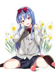 Rule 34 | 1girl, alternate costume, blue hair, blue skirt, bow, bowtie, commentary request, flower, food, fruit, hair bow, hand on own face, hat, unworn hat, unworn headwear, hinanawi tenshi, long hair, looking at viewer, open mouth, peach, red bow, red bowtie, red eyes, shirt, simple background, sitting, skirt, solo, tetsurou (fe+), thighs, touhou, wariza, white background, white flower, white shirt