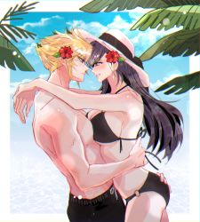 Rule 34 | 1boy, 1girl, bare shoulders, beach, bikini, black bikini, black hair, black shorts, blonde hair, blue eyes, blue sky, blush, breasts, cloud, cloud strife, cloudy sky, costa del sol, couple, earrings, eye contact, eyelashes, final fantasy, final fantasy vii, flower, hair flower, hair ornament, hand on another&#039;s ass, hat, hug, jewelry, jj (gamejj ), large breasts, long hair, looking at another, ocean, palm leaf, red eyes, shorts, sky, smile, square enix, swimsuit, tifa lockhart, topless male