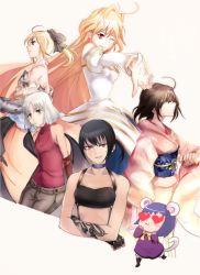 Rule 34 | 00s, 428, 6+girls, alphard (canaan), archetype earth, arcueid brunestud, armor, armored dress, artoria pendragon (all), artoria pendragon (fate), bad id, bad pixiv id, black hair, blonde hair, brown eyes, brown hair, canaan (character), canaan (series), capcom, chunsoft, company connection, crossover, detached sleeves, dress, fate/stay night, fate/unlimited codes, fate (series), fingerless gloves, gloves, green eyes, grey eyes, heart, highres, japanese clothes, kara no kyoukai, kimono, kio sayuki, liang qi, mouth hold, multiple girls, one eye closed, ponytail, red eyes, ryougi shiki, saber (fate), saber lily, sakamoto maaya, sleeveless, sleeveless turtleneck, smirk, tattoo, tsukihime, turtleneck, type-moon, voice actor connection, white hair, wink