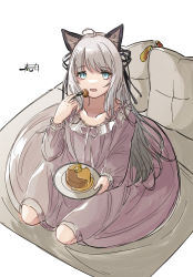 Rule 34 | 1girl, ahoge, animal ear fluff, animal ears, arknights, blue eyes, dress, food, fork, frilled dress, frills, grey dress, grey hair, hand up, harukan tiusu, highres, holding, holding fork, holding plate, long hair, long sleeves, looking at viewer, mint (arknights), open mouth, pancake, pillow, plate, puffy long sleeves, puffy sleeves, signature, simple background, sleeves past wrists, solo, very long hair, white background