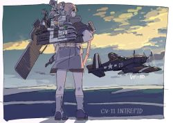 Rule 34 | 1girl, aircraft, aircraft request, airplane, black shirt, blue eyes, blue sky, bolt action, brown hair, character name, cloud, flight deck, from behind, full body, gradient sky, grey skirt, gun, intrepid (kancolle), jura cambri, kantai collection, m1903 springfield, machinery, neck pillow, ponytail, rifle, shirt, short hair, skirt, sky, solo, standing, weapon