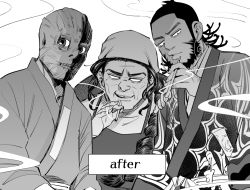 Rule 34 | 1girl, 2boys, ainu clothes, apron, bald, beard, blank eyes, braid, buck teeth, burn scar, buzz cut, cigarette, commentary, earrings, english text, facial hair, golden kamuy, greyscale, head scarf, holding, holding cigarette, holding smoking pipe, ideshitsuki, japanese clothes, jewelry, kimono, kiroranke, kiseru, long hair, long sleeves, looking at viewer, monochrome, multiple boys, no pupils, smoking pipe, puckered lips, russian clothes, scar, scar on face, shaded face, short hair, sideburns, sidelocks, single braid, smile, smoke, smoking, sofia (golden kamuy), spoilers, teeth, thick eyebrows, tooth gap, upper body, very short hair, weapon, white eyes, wilk (golden kamuy)