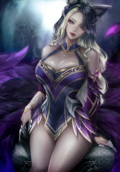 Rule 34 | 1girl, absurdres, ahri (league of legends), animal ears, artist name, bare shoulders, black hair, blonde hair, blue eyes, breasts, claw ring, cleavage, coven ahri, detached sleeves, dress, facial mark, fox ears, fox tail, highres, jewelry, large breasts, league of legends, lohel, long hair, multicolored hair, shiny skin, sitting, solo, tail, two-tone hair