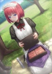Rule 34 | 1girl, apron, bento, black dress, black footwear, blanket, blue eyes, blue sky, blush, boots, unworn boots, bottle, cloud, commentary request, dated, day, dress, grass, hair between eyes, half-closed eyes, hisui (tsukihime), juliet sleeves, long sleeves, lunchbox, maid, maid apron, maid headdress, miyai sen, neck ribbon, outdoors, picnic, puffy sleeves, red hair, red ribbon, ribbon, seiza, shadow, short hair, sitting, sky, solo, thermos, tree, tsukihime, white apron