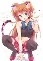 Rule 34 | 10s, 1girl, :o, animal ears, bell, black thighhighs, blue bow, blue eyes, bow, brown hair, cat ears, cat tail, clothes between thighs, fang, full body, high heels, houjou hibiki, jingle bell, kemonomimi mode, long hair, midriff, navel, panther pink (precure), paw pose, pink footwear, pink skirt, precure, shoes, simple background, skirt, solo, squatting, suite precure, tail, takeashiro, thighhighs, two side up, white background, wrist cuffs