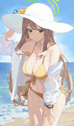 Rule 34 | 1girl, absurdres, beach, bikini, blue archive, bracelet, breasts, cleavage, day, front-tie bikini top, front-tie top, green halo, halo, hat, highres, jacket, jewelry, large breasts, light brown hair, light smile, long hair, long sleeves, looking at viewer, navel, ni de pengyou, nonomi (blue archive), nonomi (swimsuit) (blue archive), ocean, outdoors, see-through, see-through jacket, side-tie bikini bottom, solo, stomach, string bikini, sun hat, swimsuit, yellow bikini