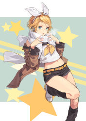 Rule 34 | 1girl, absurdres, black shorts, black socks, blonde hair, bow, breath, brown jacket, green eyes, headphones, highres, jacket, kagamine rin, long sleeves, looking at viewer, midriff, navel, neckerchief, open clothes, open jacket, open mouth, parted lips, reiga (act000), school uniform, serafuku, shirt, shoes, short shorts, shorts, socks, solo, standing, standing on one leg, star (symbol), vocaloid, white bow, white footwear, white shirt, yellow neckerchief