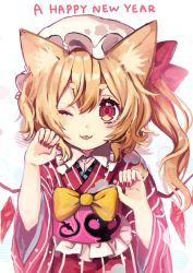 Rule 34 | 1girl, ;p, alternate costume, animal ears, blonde hair, blush, bow, cat ears, crystal, flandre scarlet, frilled shirt collar, frills, hair bow, happy new year, hat, highres, japanese clothes, kemonomimi mode, kimono, kyouda suzuka, long hair, long sleeves, looking at viewer, mob cap, nail polish, new year, one eye closed, paw pose, pink kimono, red bow, red eyes, red nails, side ponytail, smile, solo, striped, tareme, tongue, tongue out, touhou, upper body, vertical stripes, white hat, wide sleeves, wings, yellow bow