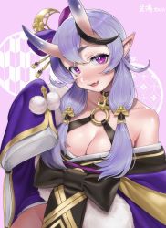 Rule 34 | 1girl, bare shoulders, black hair, blush, breasts, cleavage, commission, crescent, crescent hair ornament, eyelashes, fang, hair ornament, hair ribbon, hair stick, hair tubes, highres, horns, japanese clothes, kimono, large breasts, light purple hair, long hair, mole, mole on thigh, mole under mouth, multicolored hair, nanja, nijisanji, o-ring, obi, off shoulder, oni, parted lips, pointy ears, pom pom (clothes), purple eyes, purple kimono, purple ribbon, ribbon, rindou mikoto, sash, second-party source, short eyebrows, short kimono, skin-covered horns, skin fang, sleeves past fingers, sleeves past wrists, smile, solo, streaked hair, thick eyebrows, twintails, two-tone background, two-tone hair, upper body, virtual youtuber, wide sleeves, yagasuri