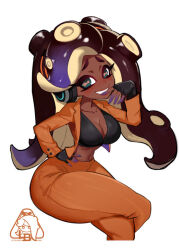 1girl blush breasts cleavage dark-skinned_female dark_skin large_breasts little_blood marina_(splatoon) midriff nintendo octoling solo splatoon_(series) splatoon_2 splatoon_3 tentacle_hair wide_hips