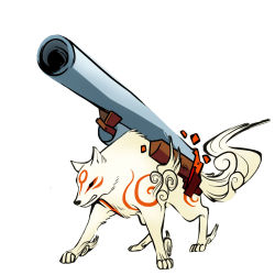 Rule 34 | 1girl, amaterasu (ookami), animal ears, cannon, colorized, drawfag, gun, no humans, official style, ookami (game), shotgun, solo, tail, weapon, white hair, wolf, wolf ears