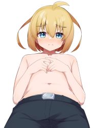Rule 34 | 1boy, ahoge, black pants, blonde hair, blue eyes, blush, covering privates, from below, fuwaja iru, hair flaps, highres, looking at viewer, male focus, navel, original, pants, simple background, solo, topless male, trap, white background