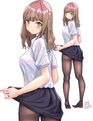 Rule 34 | 1girl, black pantyhose, black skirt, blush, breasts, brown hair, brown pantyhose, clothes lift, dated, green eyes, gridman universe, highres, lifted by self, long hair, looking at viewer, medium breasts, minami yume, miokikoeru, pantyhose, shirt, short sleeves, signature, simple background, skirt, skirt lift, ssss.dynazenon, thighband pantyhose, white background, white shirt, zoom layer