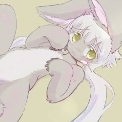 Rule 34 | 1other, ancesra, animal ears, averting eyes, blush, blush stickers, closed mouth, collarbone, colored eyelashes, cropped, embarrassed, furry, green background, green eyes, grey fur, grey hair, hands up, leg up, long hair, looking to the side, lying, made in abyss, nanachi (made in abyss), on back, other focus, out-of-frame censoring, rabbit ears, shy, simple background, sketch, solo, spread legs, stomach, two-tone fur, very long hair, whiskers, white fur