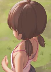 Rule 34 | 1girl, blouse, brown hair, child, from above, grass, outdoors, pink shirt, pov, ranma (kamenrideroz), shirt, short twintails, sleeveless, sleeveless shirt, solo, standing, twintails