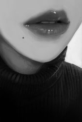 Rule 34 | 1girl, close-up, greyscale, head out of frame, highres, lipstick, makeup, mole, mole under mouth, monochrome, narue, original, parted lips, simple background, solo, sweater, white background