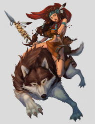 Rule 34 | 1girl, :o, animal, arm up, breasts, brown eyes, brown hair, cft, claws, feathers, fringe trim, full body, headdress, highres, holding, holding weapon, lance, long hair, native american, native american headdress, no panties, open mouth, original, outstretched arm, polearm, riding, sideboob, spear, weapon, wolf