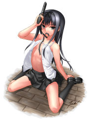 Rule 34 | 1girl, arched back, arm support, arm up, black footwear, black socks, black ribbon, black skirt, brick floor, finger on trigger, flat chest, full body, grey eyes, gun, hairband, handgun, holding, holding gun, holding weapon, kneehighs, loafers, long hair, looking at viewer, matsumoto tomoki, mouth hold, navel, no bra, open clothes, open shirt, original, pistol, pleated skirt, ribbon, ribbon in mouth, shoes, signature, sitting, skirt, socks, solo, tsurime, unbuttoned, unbuttoned shirt, weapon, white background