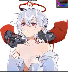 Rule 34 | 1boy, 1other, bishounen, gloves, halo, hand up, highres, ierotak, joshua (resonance solstice), male focus, mechanical halo, red eyes, resonance solstice, scar, scar on neck, simple background, solo focus, topless male, white background