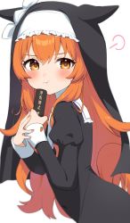 Rule 34 | 1girl, alternate costume, animal ears, blush, closed mouth, commentary request, habit, hair between eyes, highres, holding, horse ears, horse girl, inuyama nanami, long hair, long sleeves, looking at viewer, mayano top gun (umamusume), nun, orange eyes, orange hair, pout, simple background, solo, traditional nun, umamusume, white background