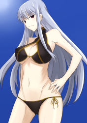 Rule 34 | 00s, 1girl, bikini, black bikini, blue background, breasts, cleavage, groin, hand on own hip, highres, large breasts, long hair, looking at viewer, navel, red eyes, selvaria bles, senjou no valkyria (series), senjou no valkyria 1, shikikakeru tei, side-tie bikini bottom, silver hair, solo, swimsuit, underboob