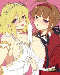 Rule 34 | 10s, 2girls, ahugni, bare shoulders, blonde hair, blush, breast press, breasts, brown hair, cleavage, green eyes, heterochromia, ing (artist), jewelry, large breasts, long hair, looking at viewer, low twintails, multiple girls, necklace, pearl necklace, purple eyes, ribbon, ryoubi (senran kagura), ryouna (senran kagura), senran kagura, senran kagura shinovi versus, sexually suggestive, short hair, symmetrical docking, tiara, tongue, tongue out, twintails