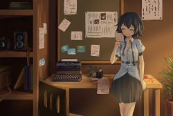 Rule 34 | 1girl, ^ ^, arm support, black hair, black ribbon, black skirt, blush, book, bookshelf, box, breasts, camera, chair, cirno, cleavage, closed eyes, commentary request, cowboy shot, flower pot, hand up, hat, unworn hat, unworn headwear, holding, holding photo, indoors, medium breasts, miniskirt, paper, pen, photo (object), plant, pleated skirt, pointy ears, puffy short sleeves, puffy sleeves, ribbon, roke (taikodon), sarashi, shameimaru aya, shirt, short hair, short sleeves, skirt, smile, solo, standing, table, tassel, thighs, tokin hat, touhou, typewriter, wavy mouth, white shirt, wing collar