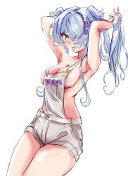 Rule 34 | 1girl, absurdres, adjusting hair, amechi, aqua eyes, armpits, blue hair, blush, breasts, elira pendora, elira pendora (1st costume), fang, hair ornament, hair over one eye, hairclip, head wings, highres, large breasts, long hair, looking at viewer, mole, mole on armpit, mouth hold, naked overalls, nijisanji, nijisanji en, overalls, simple background, solo, virtual youtuber, white background, wings