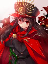 Rule 34 | &gt;:), 1girl, belt, black hair, black shirt, cape, closed mouth, crossed arms, fate/grand order, fate (series), floral background, hat, japanese clothes, long hair, long sleeves, looking at viewer, matryoshka (borscht), military, military hat, military uniform, oda nobunaga (fate), oda nobunaga (koha-ace), peaked cap, red cape, red eyes, shirt, sidelocks, smile, solo, uniform, upper body, v-shaped eyebrows