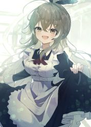 Rule 34 | 1girl, absurdres, ahoge, apron, blue gemstone, blush, brown eyes, brown hair, collared shirt, dress, feathers, frilled dress, frills, gem, hair ornament, highres, hololive, hololive english, inaba reito, looking at viewer, maid, maid apron, nanashi mumei, ponytail, shirt, smile, stairs, stairwell, virtual youtuber