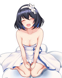 Rule 34 | 1girl, absurdres, bare arms, bare shoulders, barefoot, black hair, blue hair, blush, breasts, cleavage, collarbone, commentary, dress, closed eyes, flower, hair flower, hair ornament, hairband, happy, highres, honkai (series), honkai impact 3rd, medium breasts, merong, multicolored hair, open mouth, seele vollerei, short hair, sitting, strapless, strapless dress, two-tone hair, wariza, white dress, white flower