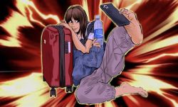 Rule 34 | 1girl, barefoot, black shirt, blue jacket, bottle, brown hair, cellphone, glowing, head on hand, head rest, highres, holding, holding bottle, holding phone, jacket, jacket partially removed, long hair, luggage, multicolored background, nintendo, pants, parted bangs, phone, photo-referenced, pocari sweat, purple pants, real life, red background, rolling suitcase, selfie, shirt, short sleeves, smartphone, smile, solo, suitcase, super smash bros., taking picture, yashiro pork, yellow background