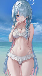 Rule 34 | 1girl, absurdres, beach, bikini, blue archive, blue eyes, blue hair, blue halo, blue sky, braid, breasts, closed mouth, colored inner hair, frilled bikini, frills, general student council president (blue archive), hair over one eye, hair over shoulder, halo, hand on own chin, highres, large breasts, long hair, multicolored hair, navel, ocean, pink hair, r0 0ong, single braid, sky, smile, solo, stomach, swimsuit, very long hair, white bikini