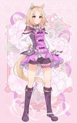 Rule 34 | 1girl, absurdres, animal ears, bare shoulders, black footwear, black shorts, blush, boots, brown eyes, character name, closed mouth, commentary request, discharge mochi, dress, floral background, flower, full body, gloves, hand on own hip, highres, horse ears, horse girl, horse tail, knee boots, light brown hair, long sleeves, narita top road (umamusume), off-shoulder dress, off shoulder, parted bangs, pink background, puffy long sleeves, puffy sleeves, purple dress, short shorts, shorts, smile, solo, standing, tail, umamusume, white flower, white gloves
