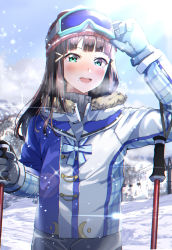 Rule 34 | 1girl, :d, absurdres, arm up, beanie, black hair, blue bow, blue gloves, blunt bangs, blush, bow, breath, coat, day, eyewear on head, fur collar, gloves, goggles, goggles on head, green eyes, hair ornament, hairclip, hat, highres, kurosawa dia, long hair, long sleeves, looking at viewer, love live!, love live! sunshine!!, mole, mole under mouth, multicolored coat, open mouth, outdoors, red hat, shaka (staito0515), ski lift, ski pole, smile, snow, solo, sparkle, sunlight, teeth, turtleneck, two-tone coat, upper body, upper teeth only, winter