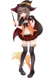 Rule 34 | 1girl, absurdres, alternate costume, black cape, black footwear, black thighhighs, brown eyes, brown hair, camisole, cape, flat chest, full body, halloween, halloween costume, hat, highres, kantai collection, makura (y makura), miniskirt, multicolored cape, multicolored clothes, plaid, plaid skirt, red cape, red skirt, shoes, short hair, skirt, solo, taihou (kancolle), thighhighs, two-sided cape, two-sided fabric, witch, witch hat