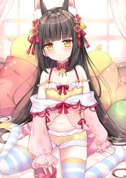 Rule 34 | 1girl, animal ear fluff, animal ears, azur lane, bare shoulders, bed, black hair, blunt bangs, blush, breasts, camisole, closed mouth, collarbone, commentary request, curtains, fox ears, fur-trimmed shorts, fur trim, heart, kana (kuaua), long sleeves, looking at viewer, nagato (azur lane), nagato (guardian fox&#039;s vacation) (azur lane), no shoes, off shoulder, official alternate costume, pillow, puffy long sleeves, puffy sleeves, short shorts, shorts, sitting, sleeves past wrists, small breasts, smile, solo, strap slip, striped clothes, striped thighhighs, thighhighs, wariza, window, yellow camisole, yellow eyes, yellow shorts