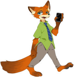 Rule 34 | 1boy, animal ears, animal hands, aqua eyes, blue necktie, cellphone, claws, fang, fox ears, fox tail, full body, furry, furry male, green shirt, grey pants, half-closed eyes, hand up, hatenakayubi, holding, looking at viewer, male focus, necktie, nick wilde, open mouth, pants, phone, shirt, short sleeves, simple background, smile, solo, standing, striped, striped necktie, tail, walking, white background, zootopia