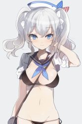 Rule 34 | 10s, 1girl, agu, alternate costume, bad id, bad twitter id, beret, between breasts, bikini, black bikini, blue eyes, bow, breasts, cropped jacket, grey background, grey hair, groin, hair bow, hand in own hair, hat, kantai collection, kashima (kancolle), looking at viewer, sailor collar, sailor hat, short sleeves, side-tie bikini bottom, simple background, smile, solo, strap, swimsuit, twintails, wavy hair