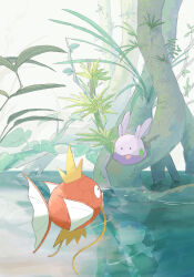 Rule 34 | animal focus, black eyes, creatures (company), fish, game freak, gen 1 pokemon, gen 6 pokemon, goomy, highres, leaf, looking at another, magikarp, momota pix, nintendo, no humans, open mouth, outdoors, plant, pokemon, pokemon (creature), reflection, reflective water, ripples, solid oval eyes, tree, water, whiskers
