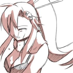 Rule 34 | 00s, 1girl, breasts, cleavage, closed eyes, large breasts, long hair, monochrome, pink theme, ponytail, scarf, sketch, solo, striped clothes, striped scarf, tears, tengen toppa gurren lagann, yoko littner