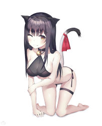 Rule 34 | 1girl, absurdres, all fours, animal ears, bare arms, bare legs, bare shoulders, barefoot, bell, bikini, black bikini, black hair, breasts, brown eyes, cat ears, cat girl, cat tail, cleavage, closed mouth, collarbone, coller, criss-cross halter, full body, gluteal fold, hair ornament, hairclip, halterneck, highres, jingle bell, long hair, looking at viewer, lunati, medium breasts, one eye closed, original, red ribbon, ribbon, side-tie bikini bottom, simple background, smile, solo, stomach, swimsuit, tail, tail ornament, tail raised, tail ribbon, thigh strap, thighs, v-shaped eyebrows, white background