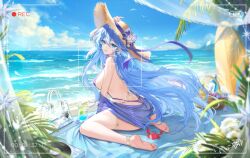 Rule 34 | 1girl, absurdres, alternate costume, anklet, aqua eyes, backless swimsuit, bag, bare shoulders, barefoot, beach, beach towel, blue hair, blue sky, bottle, breasts, casual one-piece swimsuit, commentary request, crab, cup, day, drinking glass, earrings, flower, from behind, hair between eyes, hat, head wings, highres, honkai: star rail, honkai (series), jewelry, large breasts, looking at viewer, looking back, meisansan, necklace, ocean, one-piece swimsuit, outdoors, palm tree, parted lips, purple one-piece swimsuit, recording, robin (honkai: star rail), sitting, sky, smile, solo, straw hat, surfboard, swimsuit, toes, towel, tree, viewfinder, wariza, water, wicker basket, wind, wings