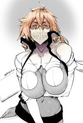 Rule 34 | 1girl, arm under breasts, arrancar, bleach, blonde hair, breasts, commentary request, dark-skinned female, dark skin, gloves, hair between eyes, high collar, hip vent, koda1ra, large breasts, long bangs, long hair, looking at viewer, mask, mouth mask, navel, partially colored, sheath, shrug (clothing), solo, tier harribel, twitter username, underboob, weapon, weapon on back