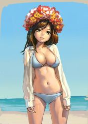 Rule 34 | 1girl, aro (charged time out), beach, bikini, blue bikini, blue eyes, breasts, brown hair, cleavage, day, dress shirt, female focus, flower, gradient background, hair flower, hair ornament, head wreath, large breasts, open clothes, open shirt, original, outdoors, shirt, sky, sleeves past wrists, smile, solo, swept bangs, swimsuit, thighs