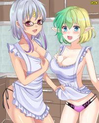 Rule 34 | 2girls, :d, :o, apron, apron lift, bad id, bad pixiv id, black-framed eyewear, blonde hair, blue eyes, blush, breasts, cabinet, circlet, cleavage, clothes lift, counter, elf, glasses, gradient hair, green hair, hair between eyes, indoors, kusunokinawate, large breasts, long hair, multicolored hair, multiple girls, naked apron, omc, open mouth, panties, pointy ears, purple hair, purple panties, short hair, sidelocks, smile, standing, tan, tile wall, tiles, underwear