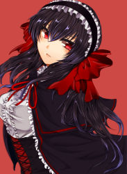 Rule 34 | 00s, 1girl, april (coyote ragtime show), black hair, breasts, capelet, coyote ragtime show, dress, frown, gothic lolita, hair ribbon, hairband, highres, lolita fashion, lolita hairband, long hair, masuoka, red eyes, ribbon, solo